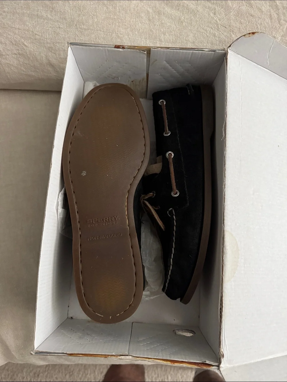Sperry Black Suede Boat Shoes with Brown Trim